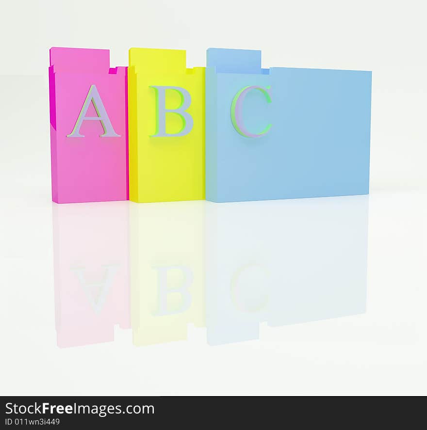 Three color folders with letters on a light background with reflection