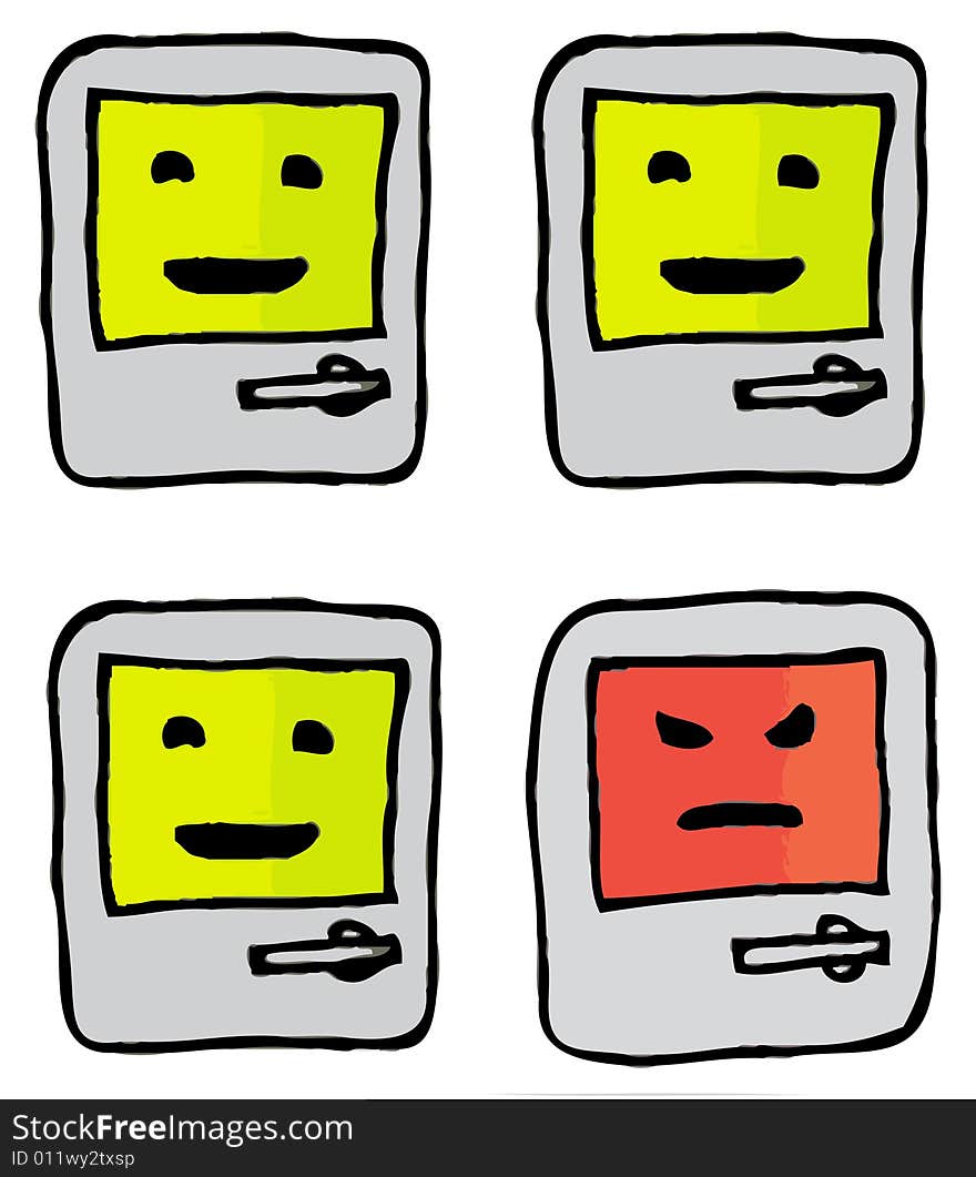 A selection of happy computers with one that is not happy, representing the virus. Fully scalable  illustration. A selection of happy computers with one that is not happy, representing the virus. Fully scalable  illustration.