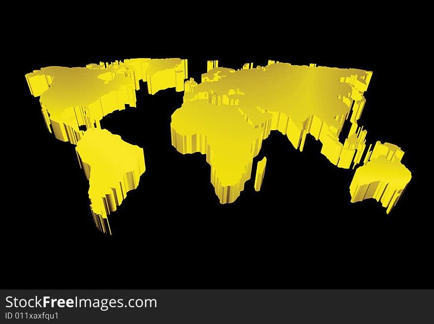 3d golden map of the world isolated in black with clipping path