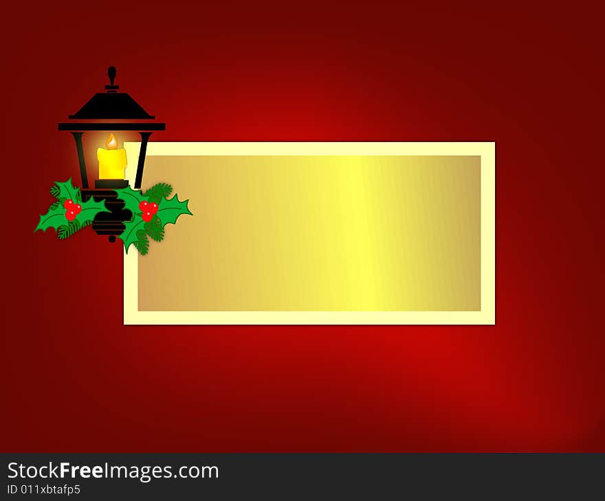 Lantern with lit candle decorated with holly and berries on mesh red background. Sized for greeting card with copyspace. Lantern with lit candle decorated with holly and berries on mesh red background. Sized for greeting card with copyspace.