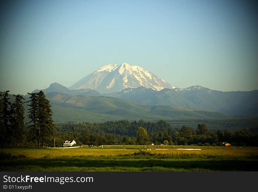 Mount Rainier over Farm