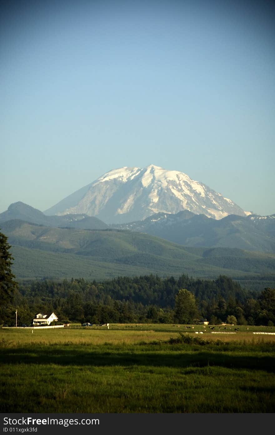 Mount Rainier Over Farm Vertical