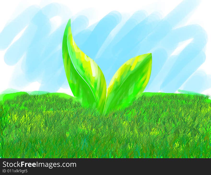 Two leaves in the middle of a grassy field on a background of the blue sky. Two leaves in the middle of a grassy field on a background of the blue sky.