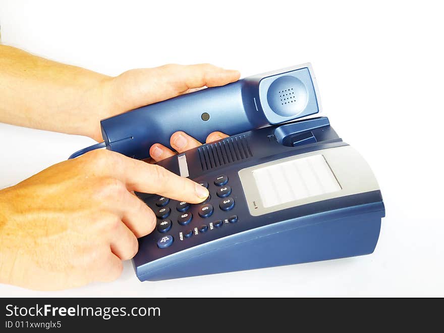 Finger with  blue telephone keypad