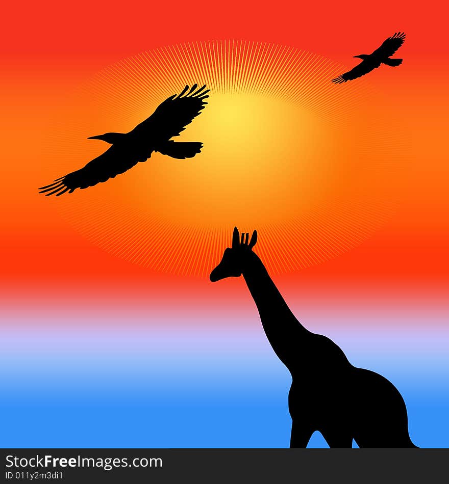 A giraffe with two birds aloft in orange background. A giraffe with two birds aloft in orange background