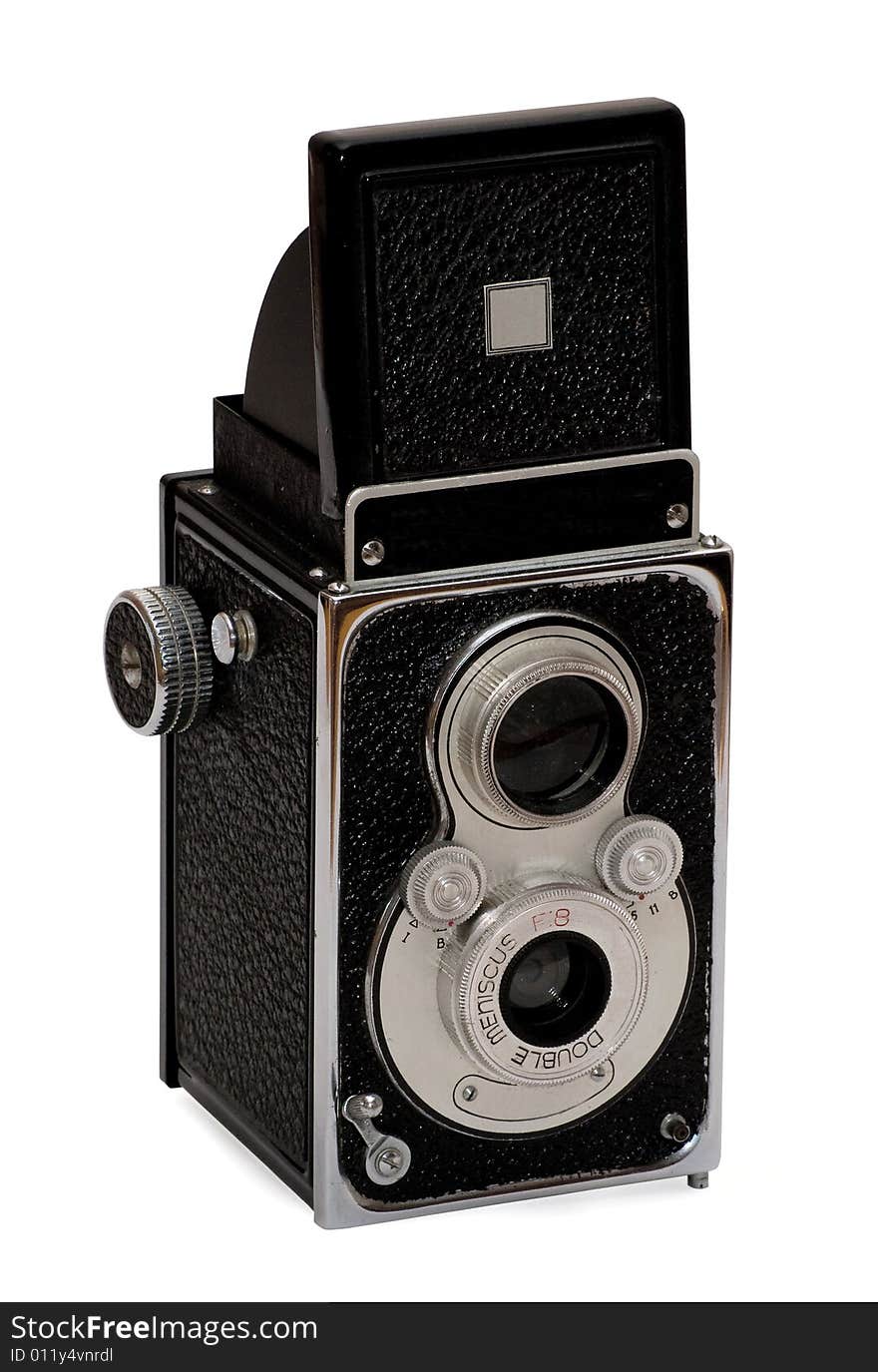 Old large format camera on the  white background. Old large format camera on the  white background