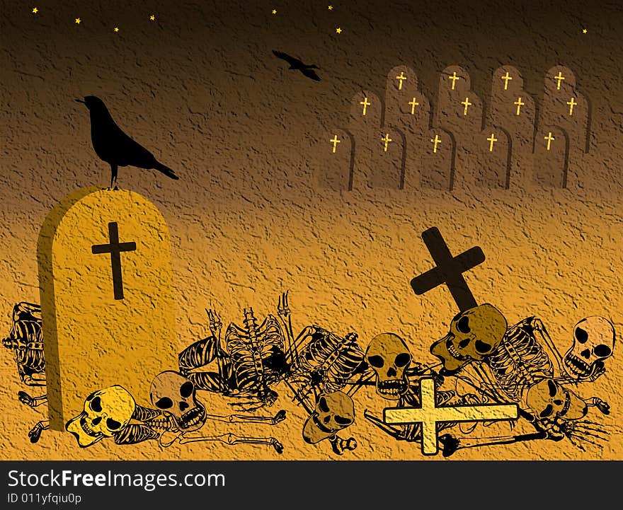 Abstract colored illustration with headstones, skulls, skeletons, crows and crosses. Abstract colored illustration with headstones, skulls, skeletons, crows and crosses