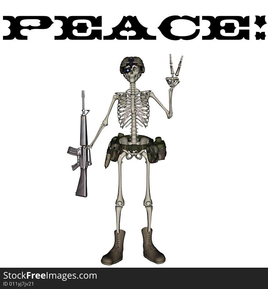 A skeleton in soldier outfit is giving the peace sign. A skeleton in soldier outfit is giving the peace sign