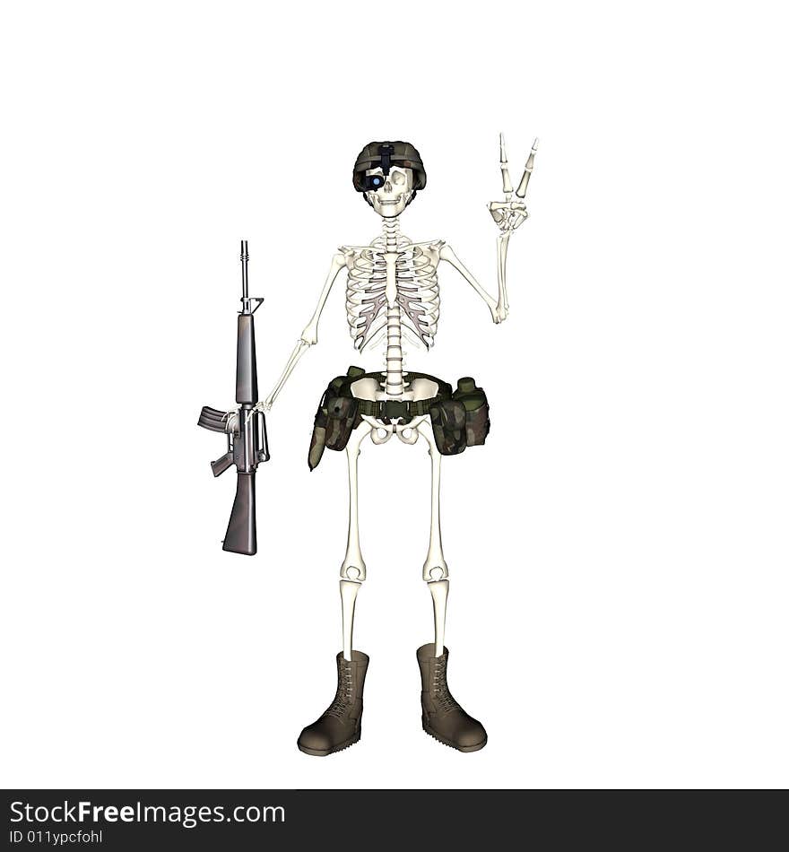 A skeleton in soldier outfit is giving the peace sign without the peace above. A skeleton in soldier outfit is giving the peace sign without the peace above