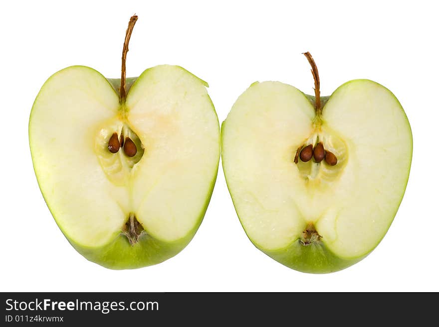 Apple cut into half. On a white background.