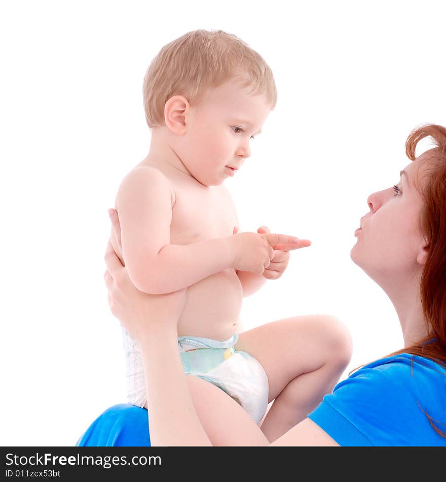 Portrait of mother holding her son. Isolated on white