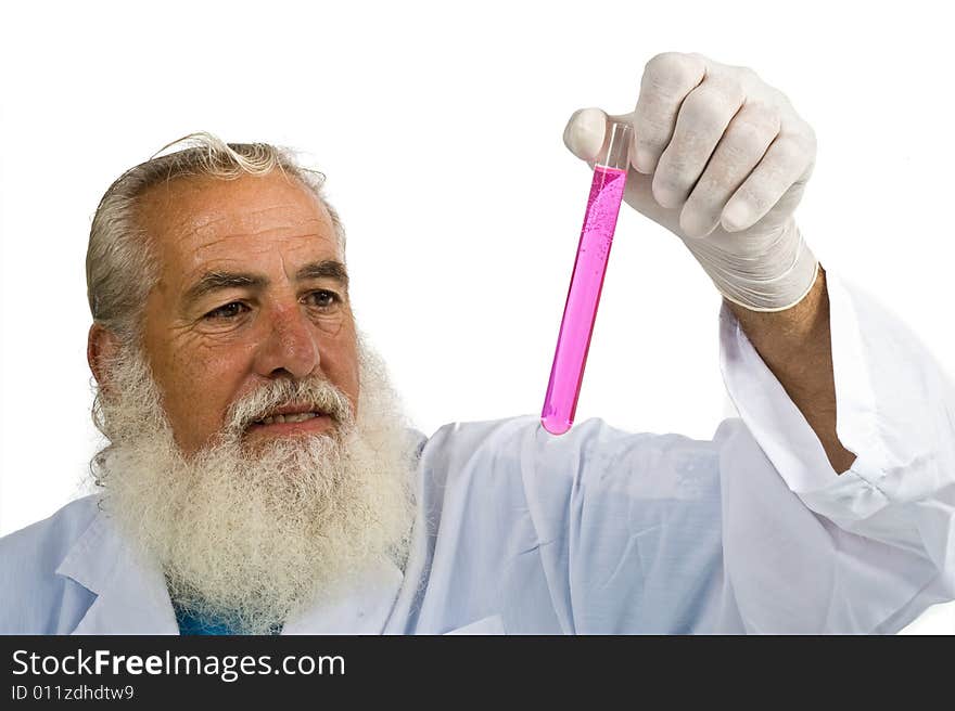 Mature scientist in laboratory isolated on white