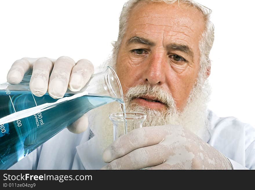 Mature scientist in laboratory isolated on white