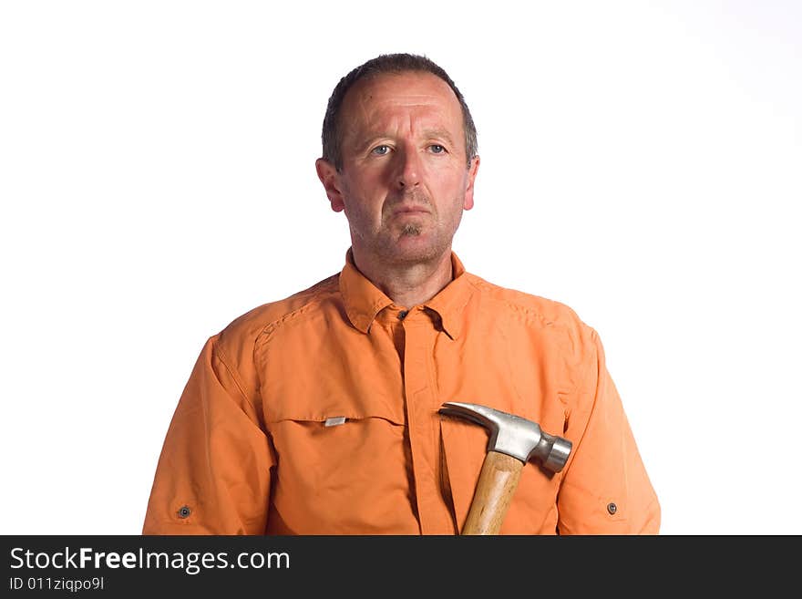 Portrait of senior man holding hammer. Portrait of senior man holding hammer