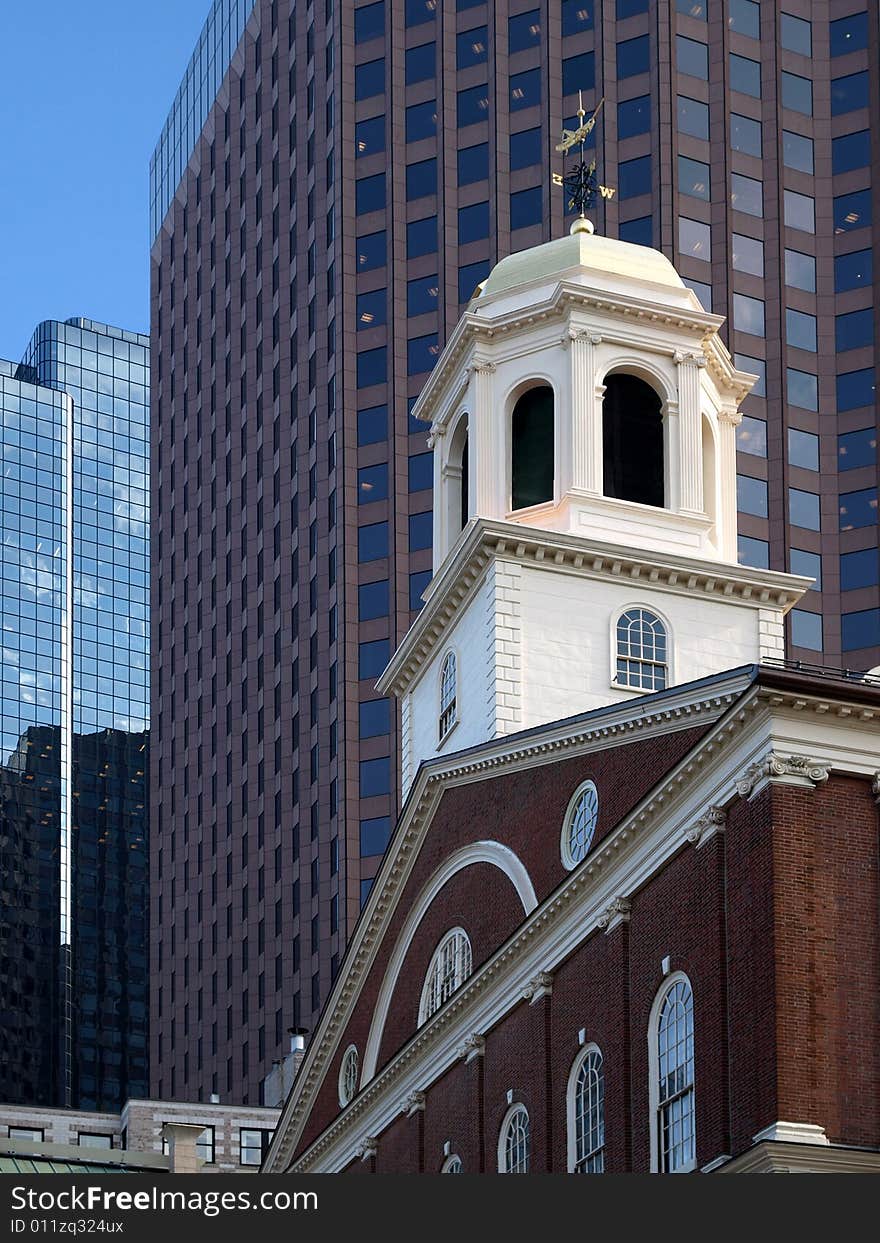 Historic Brick Church and Modern Buildings blue sky. Historic Brick Church and Modern Buildings blue sky