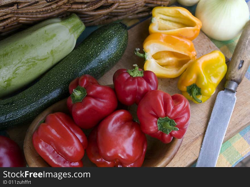 Fresh, colorful vegetables on the rustic board