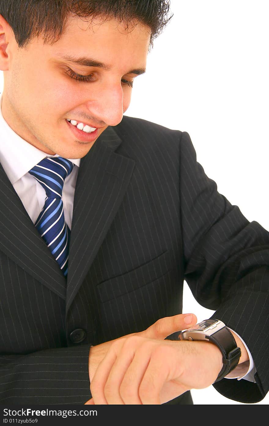 Businessman checking time on his watch. isolated on white background