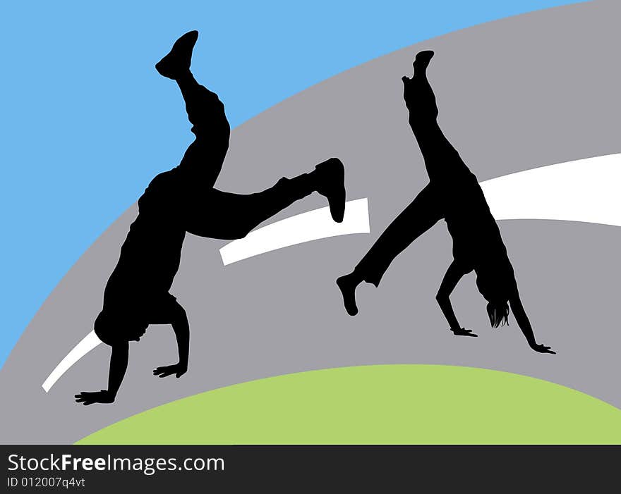 Illustration silhouette of dance fight on coloured street background. Illustration silhouette of dance fight on coloured street background