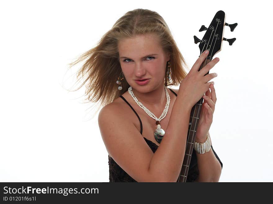 Blond woman with guitar isolated on white background