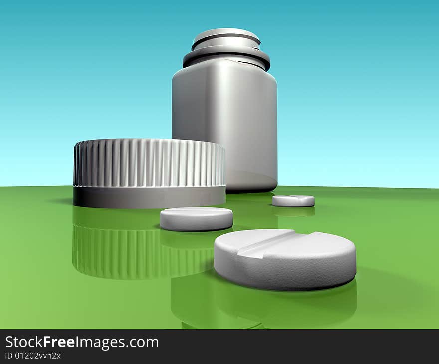 3D generated picture with medical pills and bottle. 3D generated picture with medical pills and bottle.