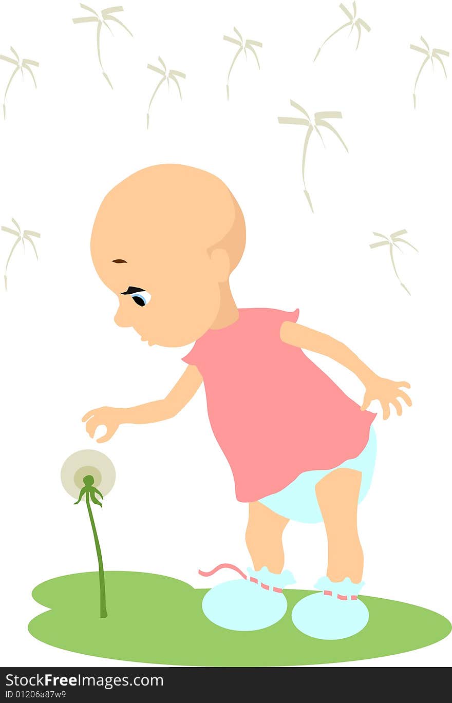 Vector illustration of baby touching dandelion