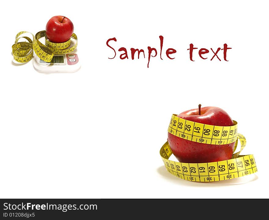 Red apple, scale and tape measure isolated. Red apple, scale and tape measure isolated