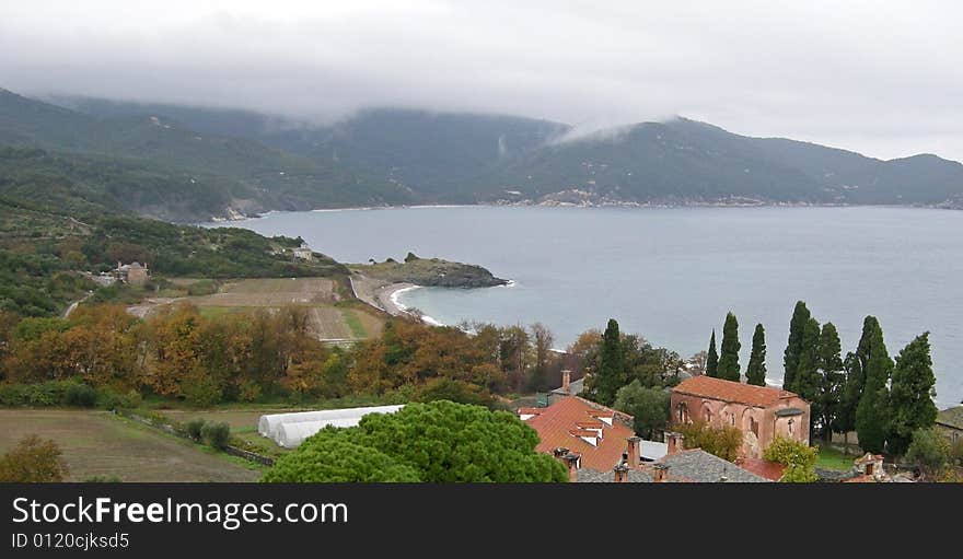 General view of Mount Athos religious place from Batopedi monastery in Greece.