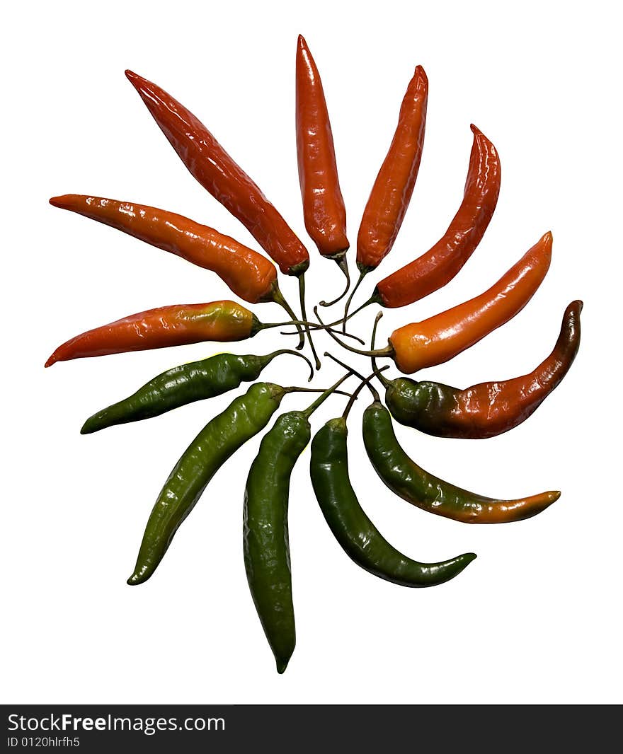 Green and red peppers on circle