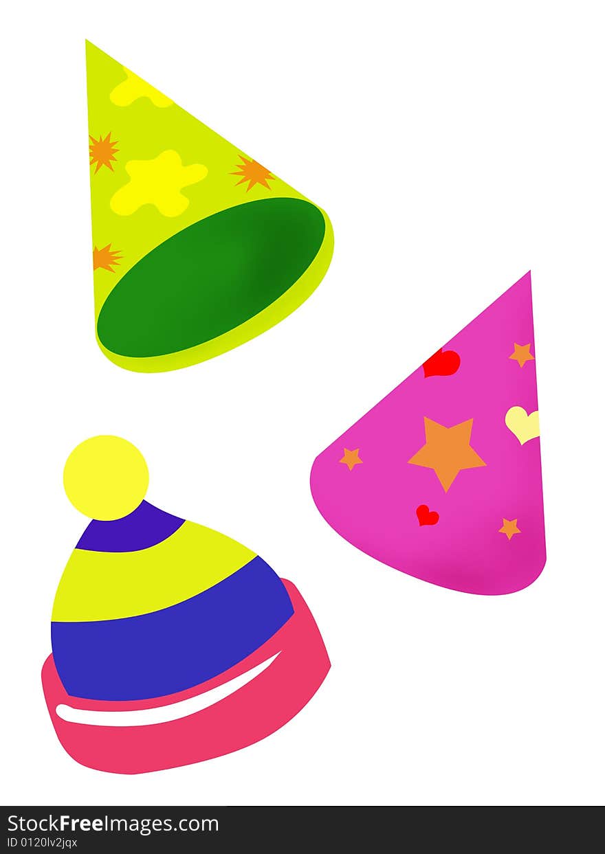 A set of brightly colored party hat symbol on white background