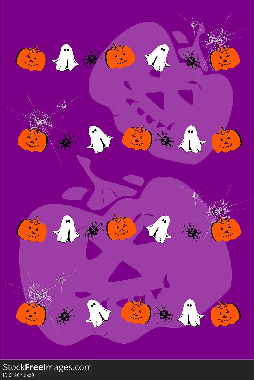 Seamless colorful scary halloween illustration with pumkin, ghost and spider on violet background. JPG vers. in my port. Seamless colorful scary halloween illustration with pumkin, ghost and spider on violet background. JPG vers. in my port