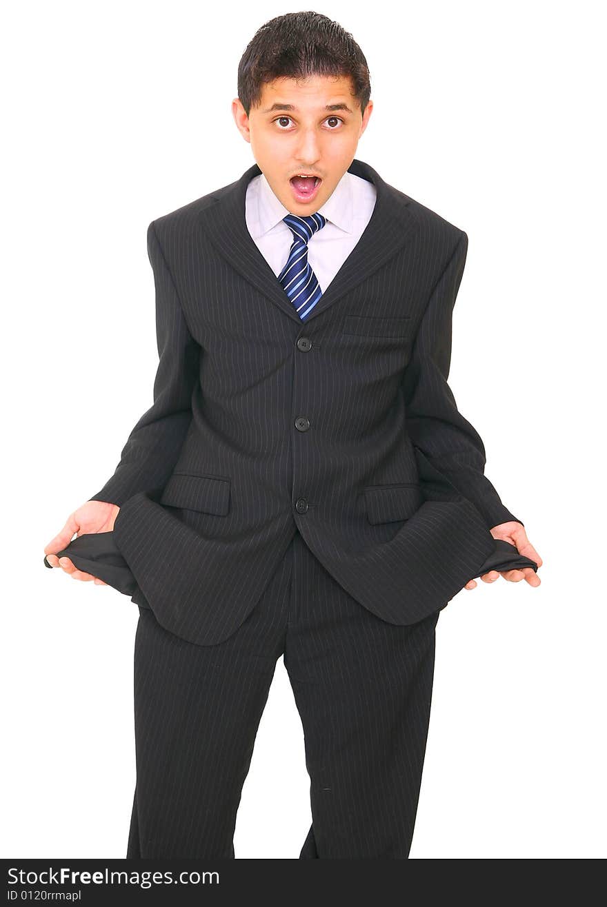 Wondering man in suit holding up his empty pockets. isolated on white background. Wondering man in suit holding up his empty pockets. isolated on white background