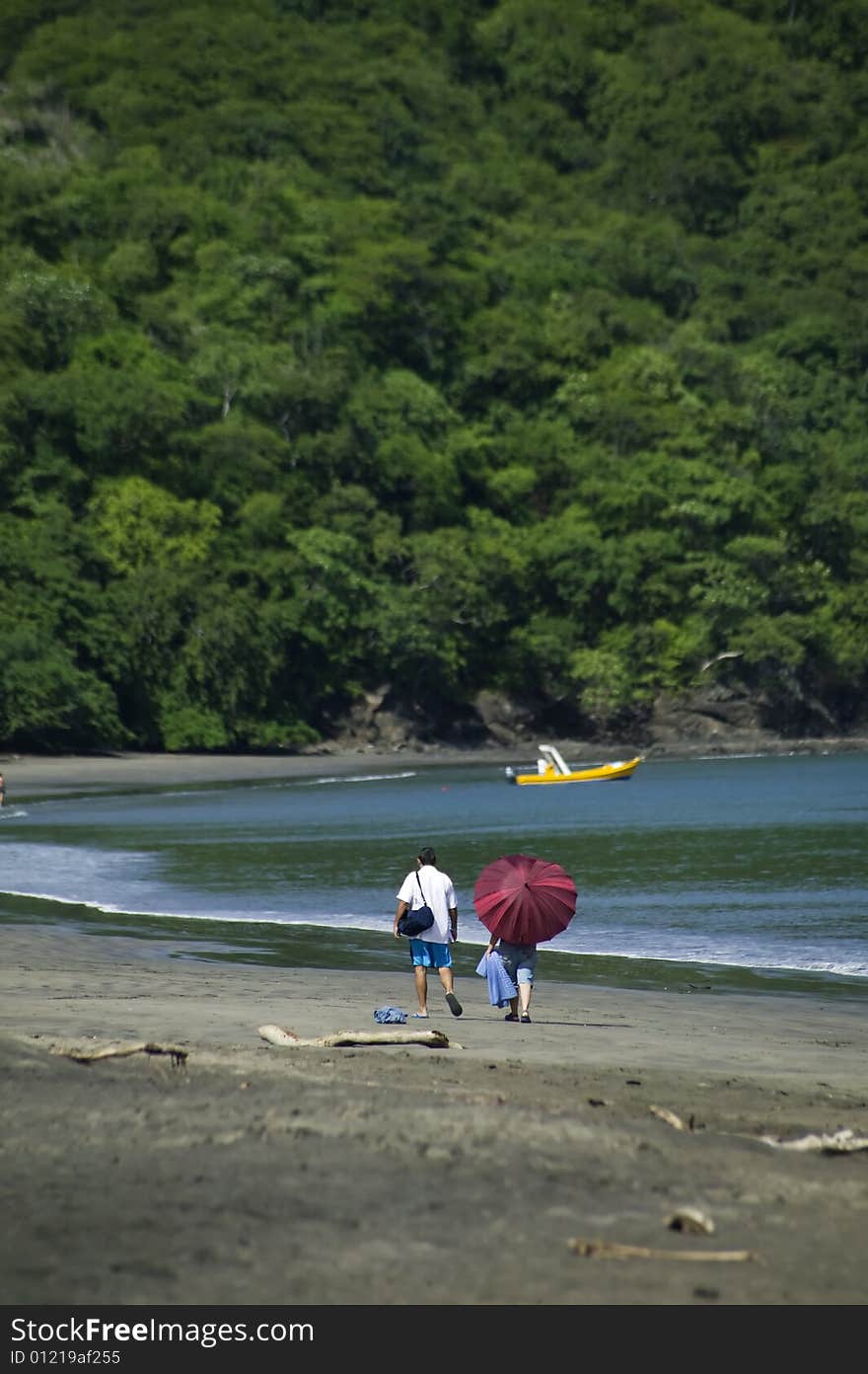 Man and woman walking on the beach with jungle in the background. Man and woman walking on the beach with jungle in the background