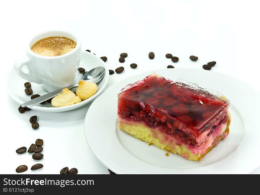 Espresso with  raspberry pie-isolated on white