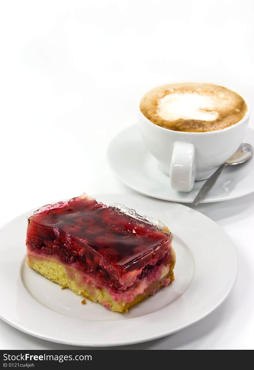 Cappuccino with  raspberry pie -i solated on white