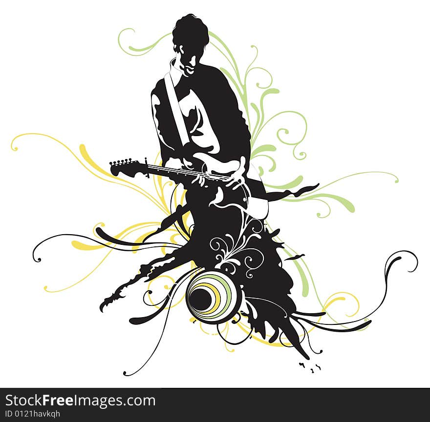 Illustration of a guitarist and decorative patterns