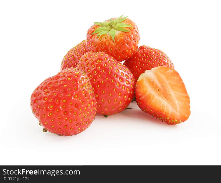 Juicy strawberries fruit, white background, isolated