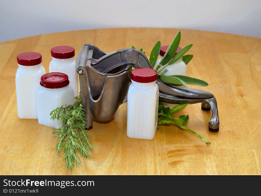 Herbs , juicer and spice jars