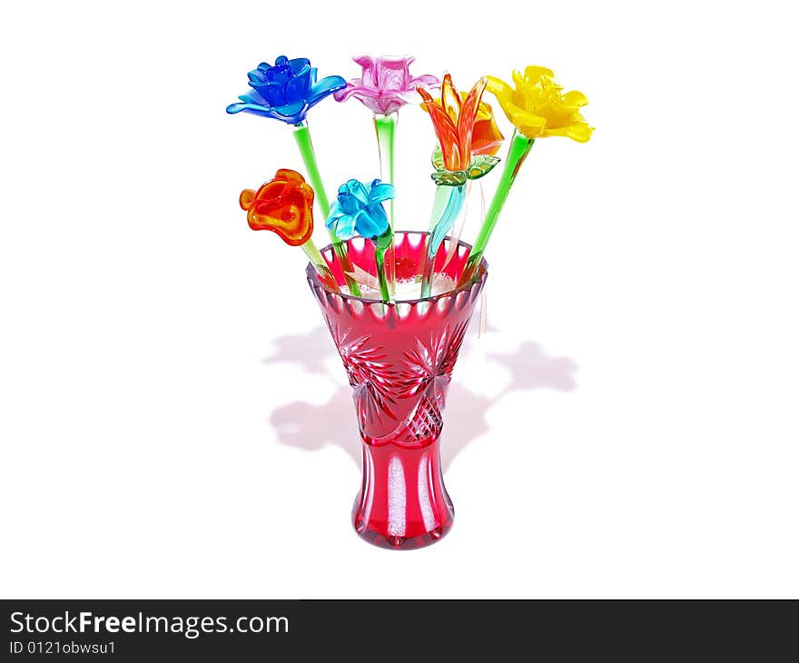 Assorted Crystal flowers in Red Colored Vase. Assorted Crystal flowers in Red Colored Vase