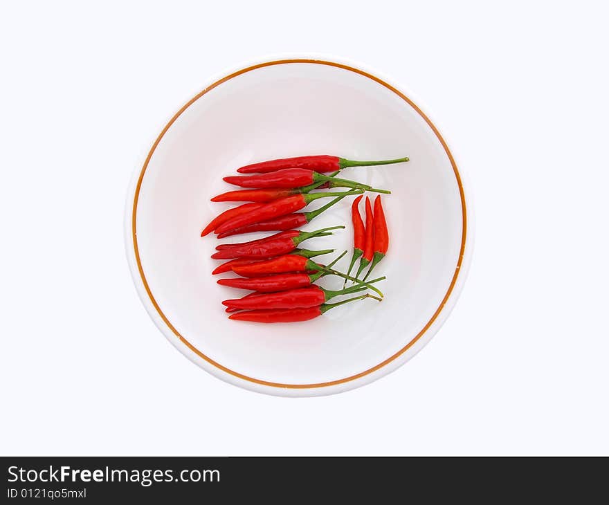 Small Red Chilies in white brown rimmed ceramic bowl