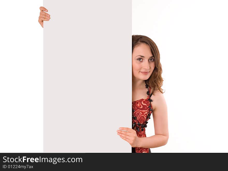 Beautiful woman holding empty gray board