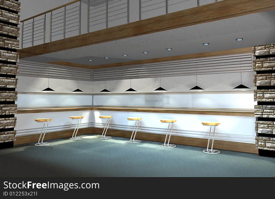 3D render of modern coffe bar or restaurant interior. 3D render of modern coffe bar or restaurant interior