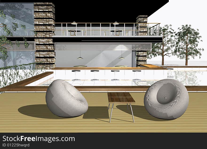 3D render of modern house exterior with bar and swimming pool