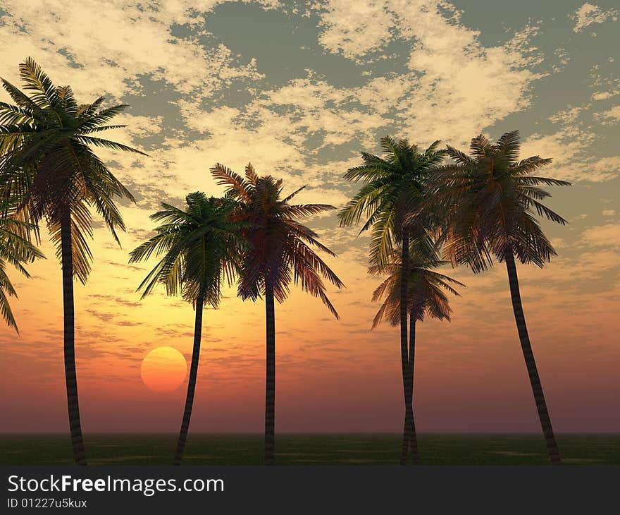 Beautiful sunset with palms. 3d image