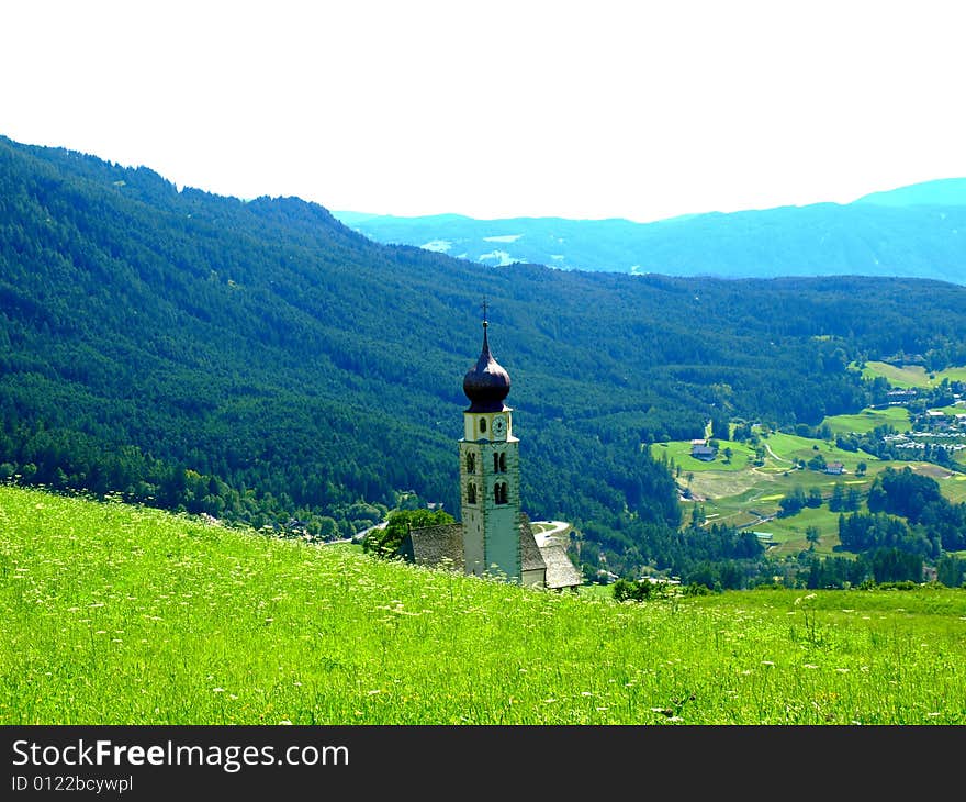 A landscape of the Siusi valley in Sud Tyrol with the San Valentino little church. A landscape of the Siusi valley in Sud Tyrol with the San Valentino little church