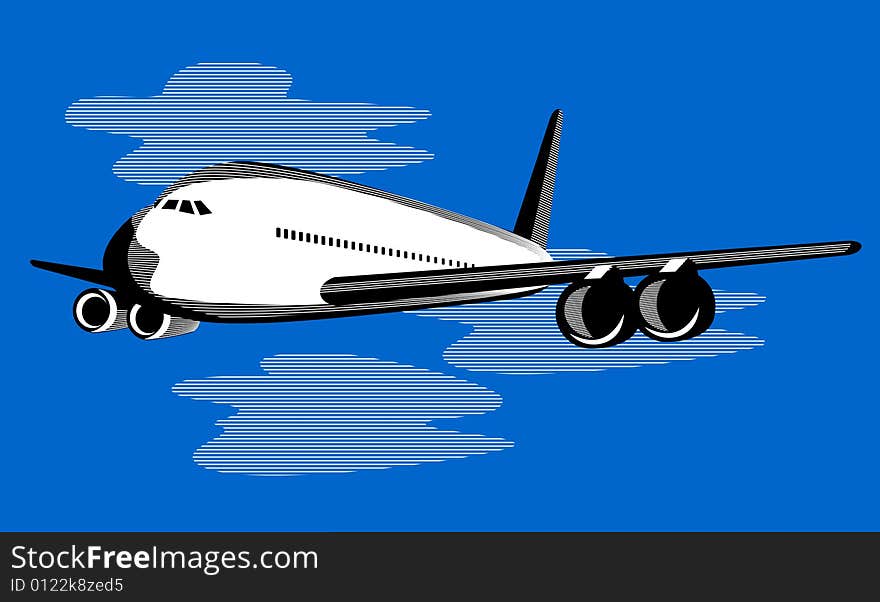 Vector art of an Airplane in flight on blue background