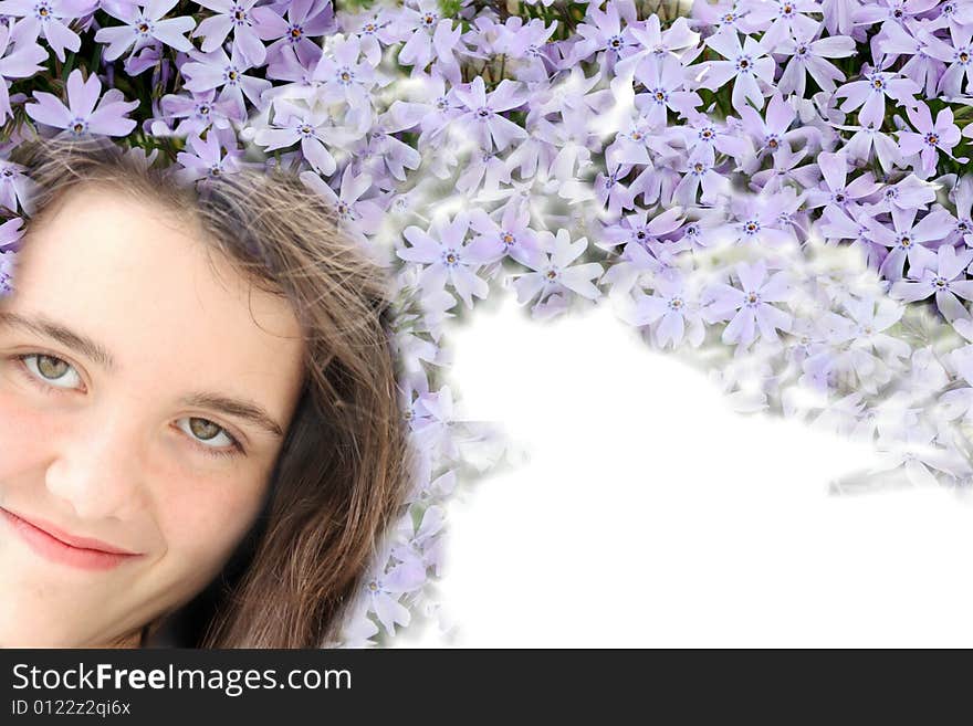 Young beautiful teen girl with purple flowers. Young beautiful teen girl with purple flowers