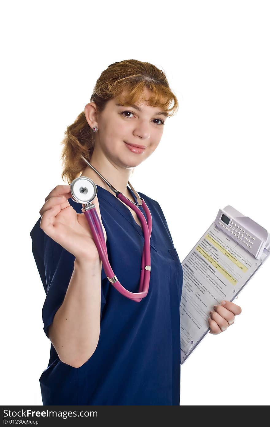 Young female doctor with stethoscope and writing pad over white background