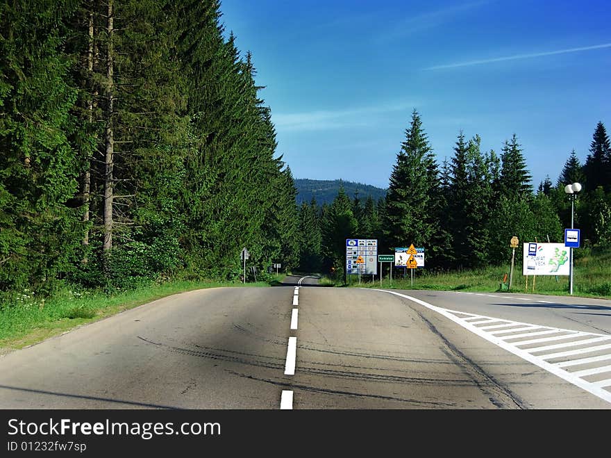 Mountainous road in Korbielow (Beskid Zywiecki, Poland)