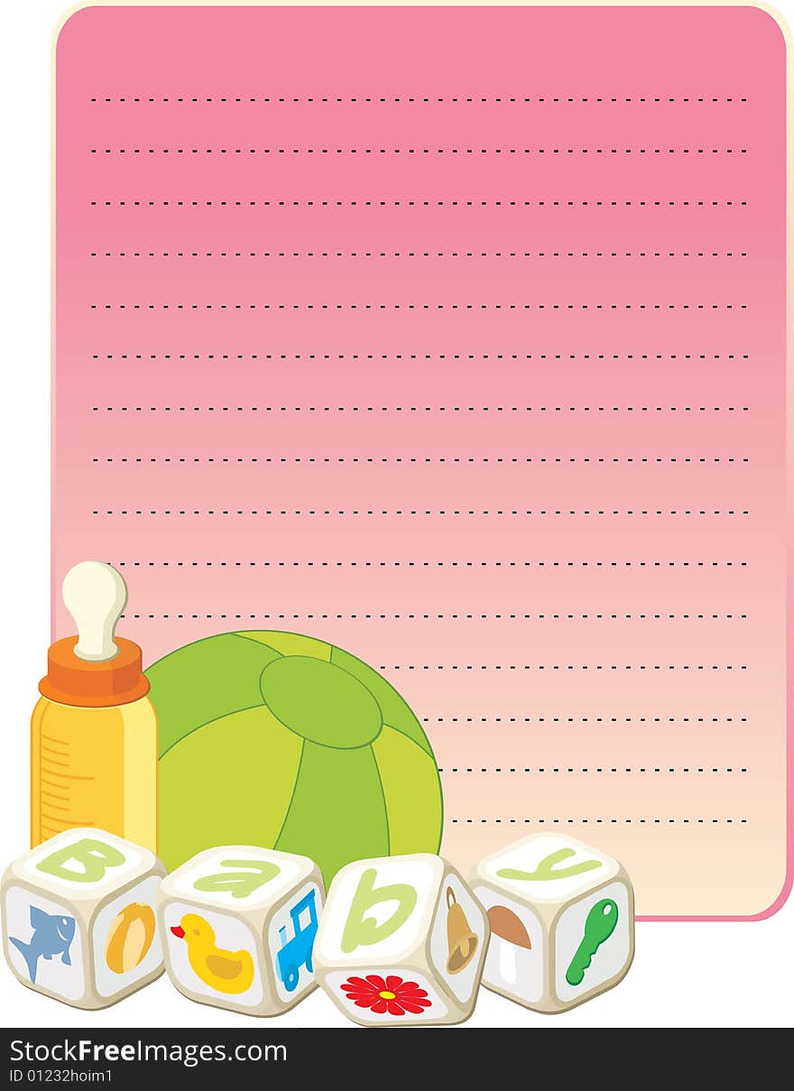 Card with toys and baby bottle on tne pink copy-space background. Card with toys and baby bottle on tne pink copy-space background