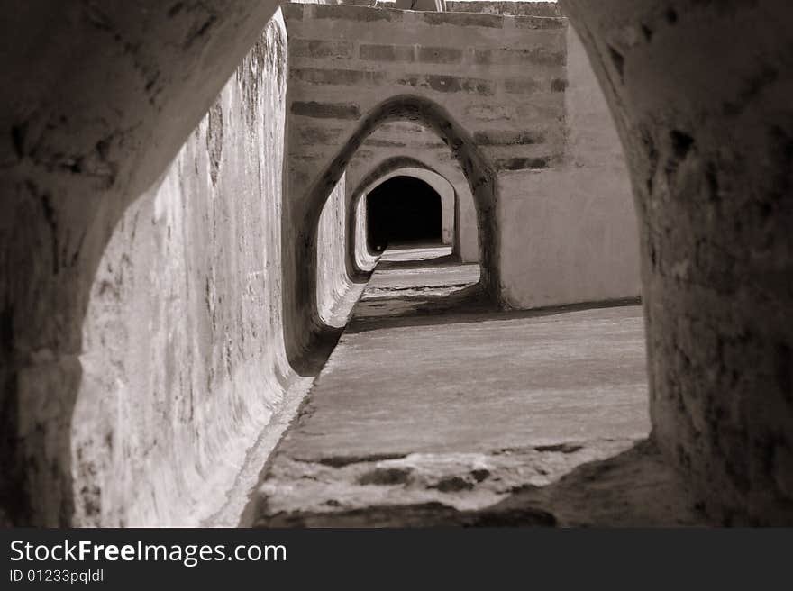 Arches under stairs in a fort